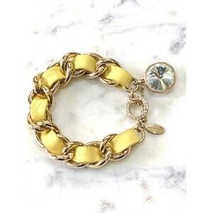 Ann Taylor Yellow Leather Gold Tone Chain 8” Bracelet Crystal Charm EUC